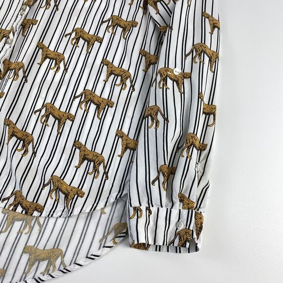 Jane & Delancey Striped Cheetah Blouse Button Up Roll Tab Sleeve Novelty Sz XL - Picture 10 of 10